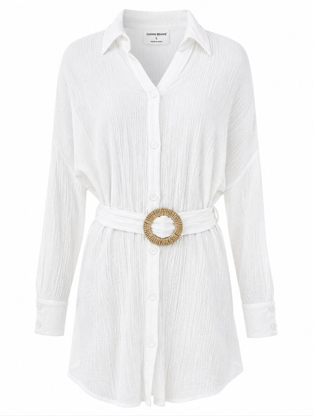 GIANNI BINI | Crinkle Gauze‎ White Belted Buttoned Tunic Coverup Mini Dress | L
